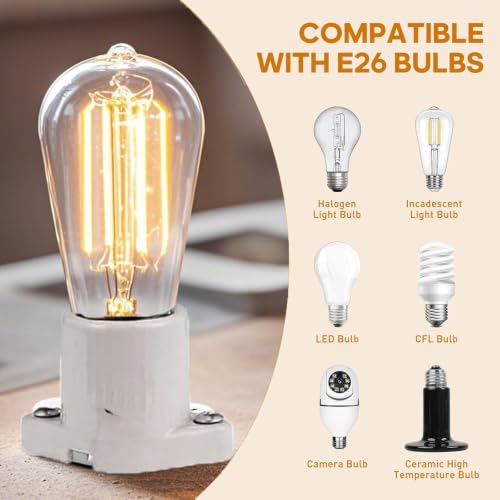 E26 Ceramic Surface Mount Socket with Flange Mount Base,5.9Inch Wire | High Temp Resistant Porcelain Light Bulb Holder,Pre-Wired Heat Resistant Fixture for Reptile Terrarium, Brooder & DIY Lamps