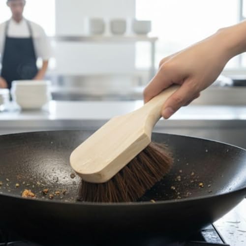 Soro Essentials- 8” Wok Pot Brush with Palmyra Bristles and Wooden Handle- Wok Brush Kitchen Cleaning Brush Pot Scraper Scrubber Pan Brush Great for Cleaning Skillet Grill