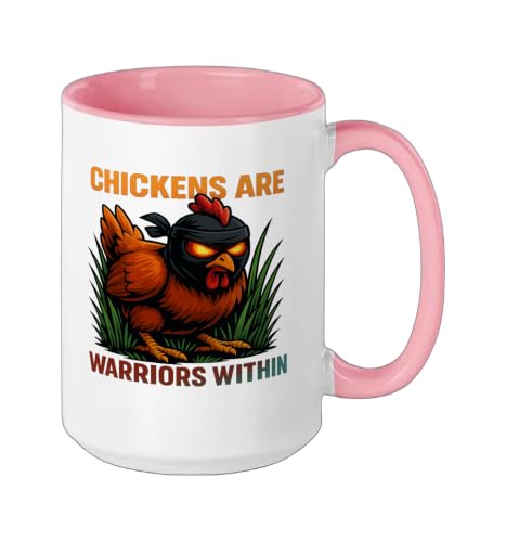 Chickens Are Warriors Within Funny Poultry Ninja Ceramic Mug, Pink/White, 15oz - color: Pink/White, size: 15 Ounces