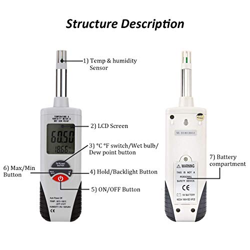 Mengshen Digital Psychrometer Handheld Temperature Humidity Meter Gauge | Backlight, Dew Point, Wet Bulb Temperature, Battery Included