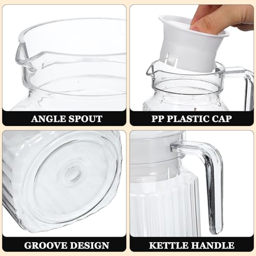 20oz Small Slim Plastic Pitcher with Lid (600ml) - Shatterproof Acrylic Water Pitcher for Fridge Door - Clear Striped Plastic Juice Pitcheres & Cocktail Shaker Carafe with Handle