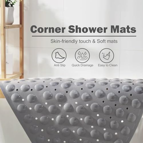 Mrcrypos Corner Shower Mats Non Slip 31 x 31 Inches for Inside Shower,Gray | Bath Mat with Suction Cups and Drain Holes,Quick Dry Bathmat Machine Washable Shower Stall Mats for Bathroom - color: Gray, size: 31" x 31" (Corner)