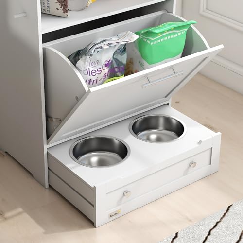 PawHut Dog Feeding Station with Raised Bowls, Pet Feeder Station, White | Dog Food Storage Cabinet, Hanger for Feeding & Watering Supplies - color: White