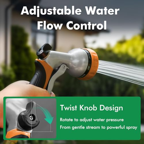 RESTMO Garden Hose Nozzle, Heavy Duty Metal Water Hose Nozzle with 7 Adjustable Spray Patterns, High Pressure Hand Sprayer with Flow Control, Best for Watering Plant & Lawn, Washing Car & Pet, Orange - color: Orange