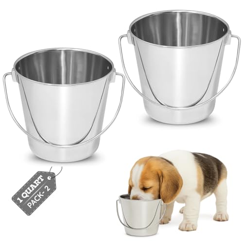 1Qt Stainless Steel Hanging Water Bucket for Dog Kennel 2-Pack | Food & Water Pail, 0.25 Gallon Capacity, Heavy-Duty, Round Design with Carry Handle, Ideal for Dogs, Cats, Birds & Small Pets - size: 1 Quart (Pack of 2)
