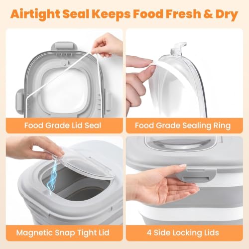 28 Lbs Dog Food Storage Container, Collapsible Cat Food Container | Airtight Pet Food Storage Containers with Wheels, Clear Window, Measuring Cup and Scoop, BPA Free for Rice, Flour, Bird Seed - color: Grey/28lbs