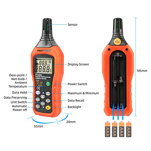 Protmex Digital Temperature Humidity Meter, Thermometer Hygrometer with Ambient Dew Point and Wet Bulb Temperature Indoor and Outdoor, Data Logger with Min/Max Hold, LCD Backlight, PT6508