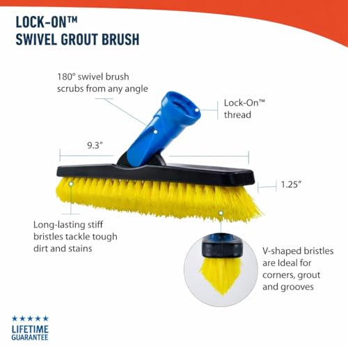 Unger Professional Lock-On Multi-Angle Wash Brush, Grout Brush and EZ Extend Pro Telescopic Pole for Outdoor Cleaning, Adjustable 5 FT Pole Extends Reach