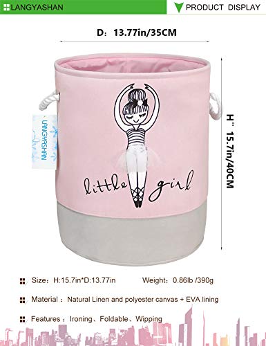 Round Thick Pink Laundry Basket Collapsible Organizer Boys Girls | Canvas Foldable Storage Hamper Sturdy Rope Handles for Household Gift Baskets Bedroom Clothes Toys Children Nursery - color: Pink