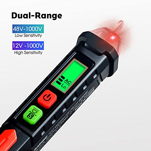 AC Voltage Tester/Non-Contact Voltage Tester with Dual Range AC 12V-1000V/48V-1000V, Electrical Pen with LCD Display and Flashlight Buzzer Alarm, Detect Wire Breakpoint, Live/Null Wire Tester.