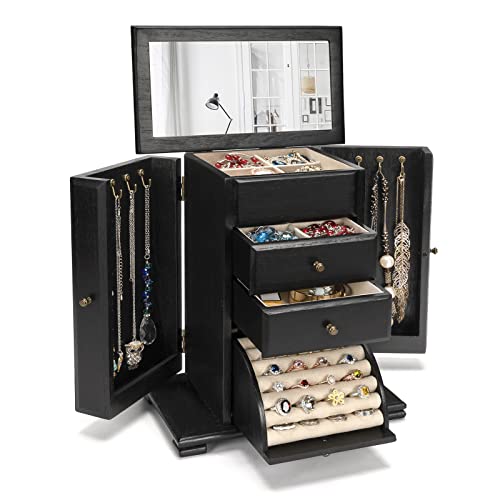 Emfogo Jewelry Box for Women, Rustic Wooden Jewelry Boxes & Organizers with Mirror, 4 Layer Jewelry Organizer Box Display for Rings Earrings Necklaces Bracelets (Black) - color: Black