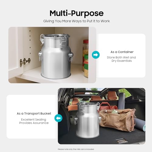 5L/1.3gal Milk Can 201 Stainless Steel, Sealed Lid Food Storage Container for Liquid & Dry Goods, Wine Pail Bucket Metal Tote Jug for Kitchen, Farm