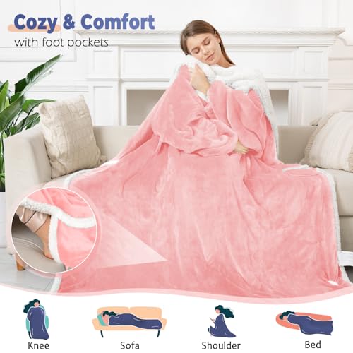 Wearable Heated Blanket with Foot Pocket, Electric Wearable Throw Blanket with Sleeves, Hood, Portable Heated Blanket with 8 Heat Settings, 1-10 Hours Auto Shut-off, Gift for Family, Friends, 50*70" - color: Pink