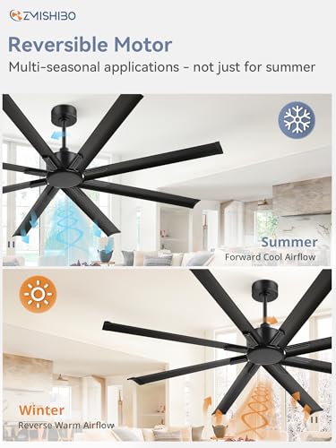 ZMISHIBO 72 Inch Ceiling Fan without Light, 8 Aluminum Reversible Blades | Industrial-Grade, DC Motor, Damp Rated, 6 Speeds, Remote Control, 3 Downrods, Flat/Sloped Ceiling, Living Room, Patio, Gym - color: Black, size: 72inch
