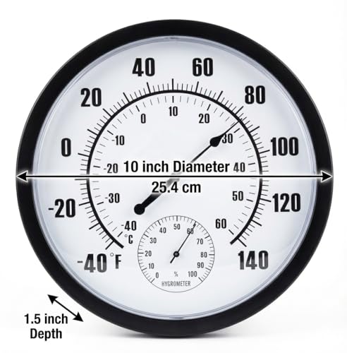 10 Inch Large Indoor Outdoor Thermometer & Hygrometer - Waterproof Analog Wall Thermometer for Patio, Garden, Garage, Greenhouse - Decorative Dial, No Battery Needed, Black
