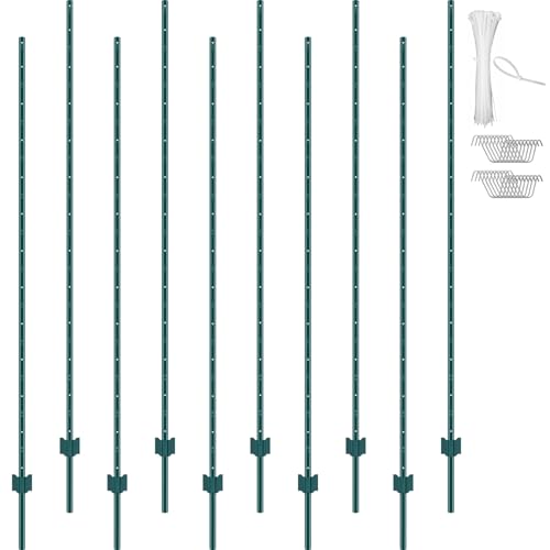 VEVOR Fence Post 7 ft 10 Pack U-Channel Metal Fence Stakes Green | For Garden Yard, Lawn, Farms & Outdoor Wire Fencing, 2 mm Thick Q235 Carbon Steel with Powder-Coated, 50 Zip Ties & 20 Clips - size: 7 Feet 10 Pack