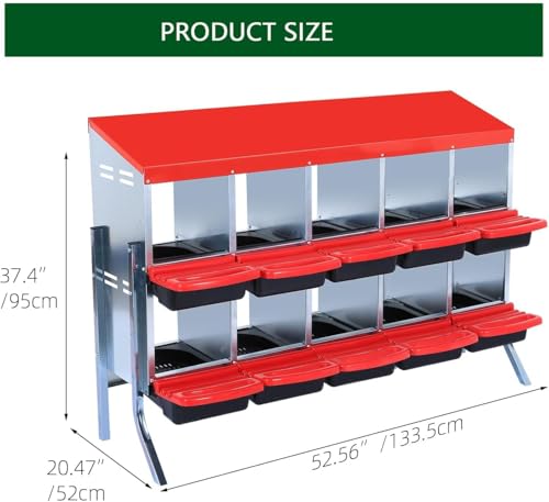 Chicken Nesting Boxes, 10 Holes Metal Chicken Egg Laying Box with Swing Perch and Rollout Egg Collection,for Various Chicken Breeds with Stand - Red 0.7mm - color: Red -10 Holes, size: With Stand