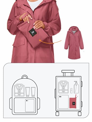 SaphiRose Women's Lightweight Packable Waterproof Long Rain Jacket | Raincoat, rain coat, windbreaker, with hood, knee-length, pack in bag, mesh lining, outdoor, camping, travel, walking dog - color: Pink, size: XX-Large