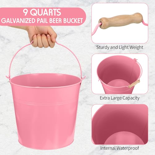 Didaey 12 Pcs 9 Quart Large Galvanized Metal Buckets with Handle Inch Heavy Duty Stainless Steel Pails Round Pail for Party Wedding, Crafts, Utensils, Table Centerpieces (Pink) - color: Pink