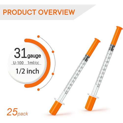 U-100 Syringes, 31g 1/2 inch 1ml/cc Disposable Syringe, Individually Packed, PACK 25. - size: 1ml-31G 1/2"-25