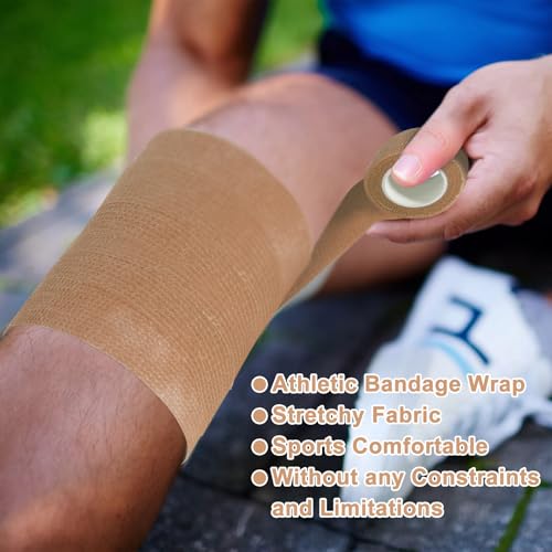 48 Pack Self Adhesive Bandage Wrap, 2” x 5 Yards Cohesive Medical Tape Elastic Grip Tape Black Sports Tape Athletic for Ankle, Wrist Sprains, Pet First Aid (Brown) - color: Brown