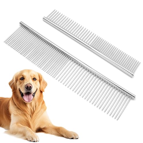 Biaungdo 2 Pcs Dog Grooming Combs Set, Metal Dog Comb | Stainless Steel Removing Tangles and Knot, Cat Brush Grooming Tool for Long Haired Pets