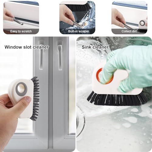2pcs Crevice Cleaning Brush, Hard Bristle Window Track Cleaning Tools 2 in 1 Cleaner Scrub Brush Grip Brush Cleaner with Hidden Scraper for Sliding Door Sill Shutter Vents Household
