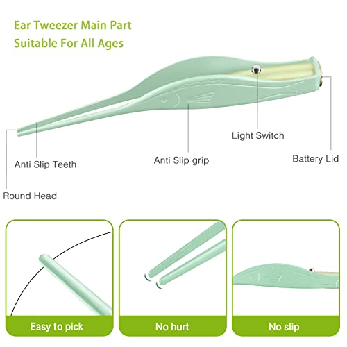 4 Pack Ear Wax Removal Tool Kit with Light, Ear Pick Ear Cleaning Tools Set for Kids and Adults, Ear Picks Digger & Tweezers & Spiral Spring Ear Spoon with Storage Box (Green) - color: Green