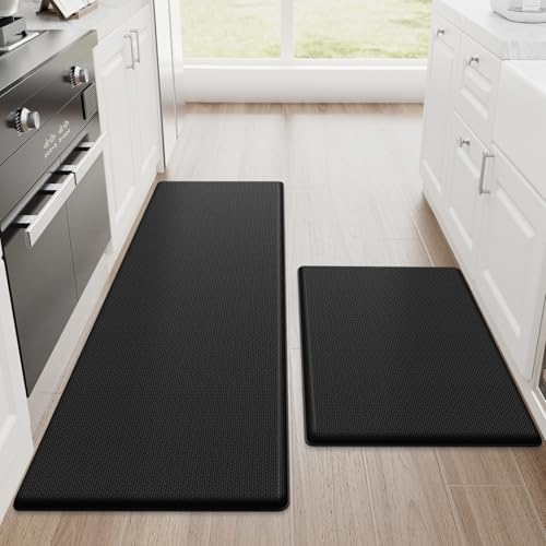 StepRite Kitchen Mats for Floor, 2-Piece Anti-Fatigue Kitchen Rugs, Black | 20" x 32" + 20" x 48", 0.47-inch cushioning, water-resistant, easy to clean, non-slip bottom, kitchen floor, standing desk - color: Black, size: 20" x 32"+20" x 48"-0.47 inch