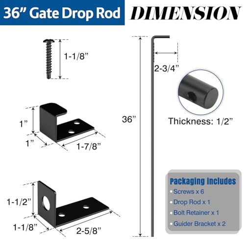 Heavy Duty Cane Bolt Gate Drop Rod, 36" Black Gate Latches Hardware for Wood Fence/Metal/Vinyl/Double Gates, Outdoor Gate Ground Latch Drop Rod with Mounting Screws, 1 Pack - size: 36 Inch