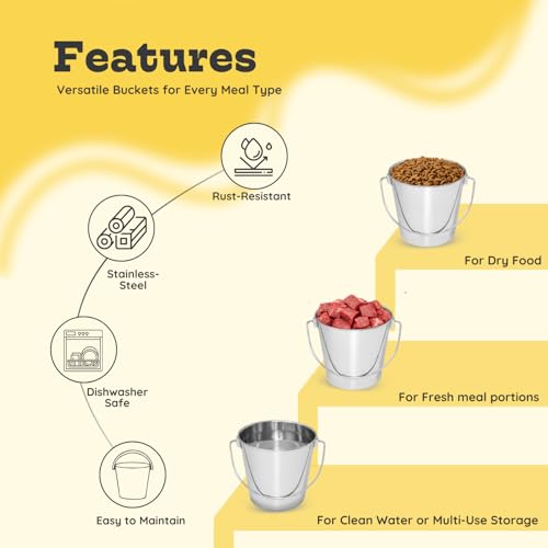 1Qt Stainless Steel Hanging Water Bucket for Dog Kennel 2-Pack | Food & Water Pail, 0.25 Gallon Capacity, Heavy-Duty, Round Design with Carry Handle, Ideal for Dogs, Cats, Birds & Small Pets - size: 1 Quart (Pack of 2)