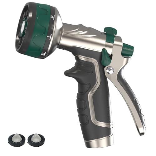 Garden Hose Nozzle, Heavy Duty Metal Water Hose Sprayer Nozzle with 8 Spray Patterns, High Pressure Handheld Nozzle with Flow Control for Lawn & Plant Watering, Car Washing – Forest Green