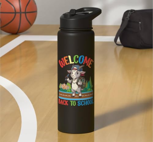Welcome Back To School Cute Goat Student Boys Girls Kids Stainless Steel Insulated Water Bottle - color: Black