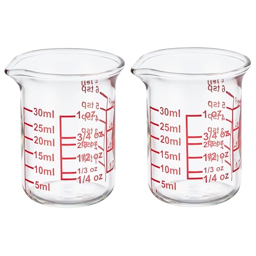 Ackers BORO3.3 Glass Measuring Cups with V-Spouts, 30 ml/1 oz, 2 Pack | Borosilicate glass with printed ml, oz, tbsp and tsp scales for cooking, baking and cocktail preparation - size: 30 ML/1 OZ(Pack of 2)