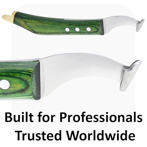– Super Sharp Hoof Knife with Brass End | Precision-Sharpened Stainless Steel Blade & Wooden Handle | Pro Farrier Hoof Trimming Tool for Horses & Equine (Green, Left-Hand)