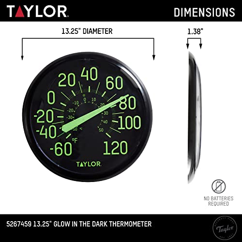 Taylor Glow in the Dark Wall Indoor Outdoor Thermometer, Wireless Thermometer with Easy to Read Numbers for Patio, Pool, and Indoor Areas, 13.25-inch, Black