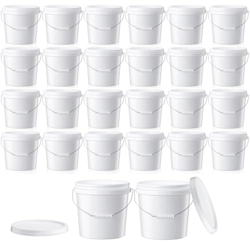 Tioncy 24 Pcs 2 Gallon Plastic Buckets with Lids and Handles,White | Storage Pails for Paint, Cleaning, Organizing, Durable Containers, Metal Handles, Plastic Material - color: White
