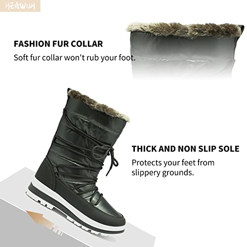 HEAWISH Women’s Winter Snow Boot Fur Lined Mid Calf Warm Boots - color: Green, size: 9