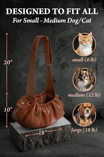 Noah & Paw Dog Sling Carrier for Small Dogs 5-18lb, Dog Sling for Small Dogs and Cats, Dog Carrier with Adjustable Padded Strap, Vegan Leather Lined with Fur, Double Safety Feature, Machine Washable - color: Brown