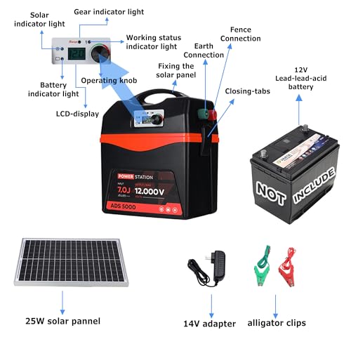 Solar Electric Fence Charger - 5 Joule Fence Energizer 25W Solar Panel Fence Energizer 12V Battery 80Miles Range Electric Fence Energizer Ideal for Livestock, Poultry, Large Animals - size: ADS5000