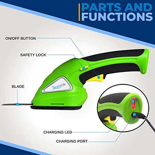 SereneLife Cordless Handheld Grass Cutter Shears, Portable Lightweight Electric Hedge Trimmer, Hand Held Garden Clippers Powered with Rechargeable 3.6V Battery, Changeable Blade Trimmers Light Green - color: Green