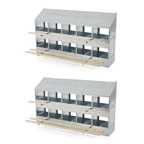 Brower 2-Tier 10-Hole Galvanized Steel Chicken Nesting Box, Silver, 2-Pack | Holds 50 to 60 Hens per Unit, Hinged Folding Perches, Ventilation Holes, Removable Bottoms, Slanted Roof