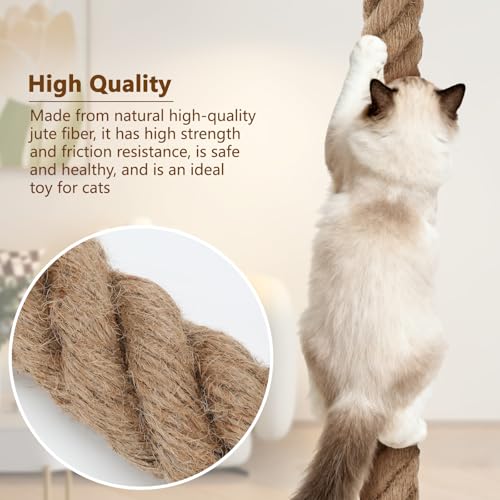 Hanging Cat Climbing Rope, 2 in x 4.92 ft Jute Rope with Hook | 5 cm x 1.5 m Rope, Natural Jute Texture, Wall or Ceiling Mount, Hook and Hardware, Scratch and Climb Use, Indoor Cats - size: 4.92FT