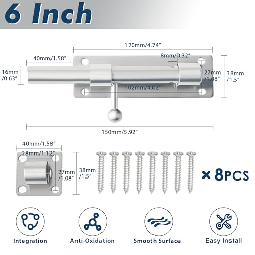 Alise 6 inch Barrel Bolt Latch,Heavy Duty Slide Lock for Barn Door | Brushed Nickel SUS304 Stainless Steel Padlock-Style Slide Bolt Latch,Security Gate Latch for Wooden Fence,Outdoor Door - color: Brushed Nickel, size: 6 Inch