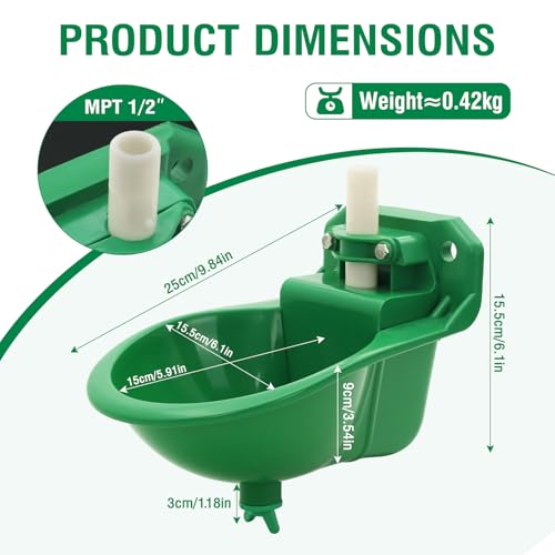 2PCS Automatic Goat Waterer Livestock Water Bowl with Copper Valve and Drain Hole, Automatic Drinking Trough for Goat Sheep Calf Pig Dog (Plastic - Green)