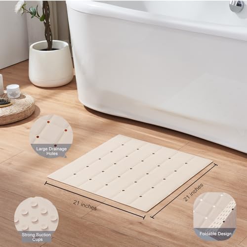 Webos Anti Slip Shower Mat for Tub & Shower Stall, 21" x 21" Square Silicone Bathtub Mat with Powerful Suction Cups, Fast-Draining, Machine Washable Soft Foldable Bathroom Mat, Beige - color: Beige, size: 21" x 21" (Square)