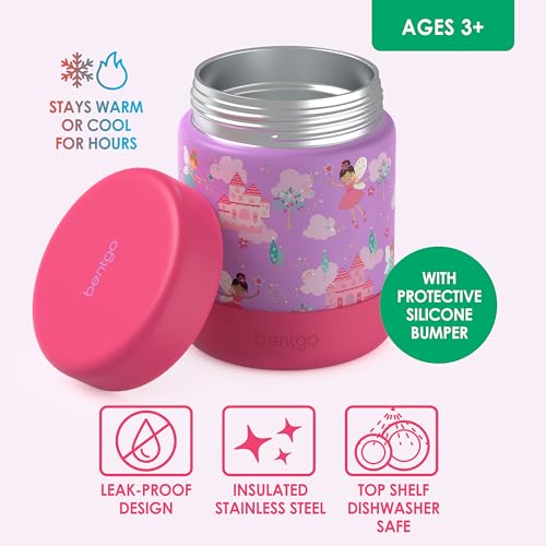 Bentgo Kids Stainless Steel Leak-Proof Food Jar for Hot or Cold Food | 11 fl oz Double Insulated Container with Removable Silicone Bumper, Dishwasher Safe, Easy Open Lid, Ages 3+ (Fairies) - color: Fairies
