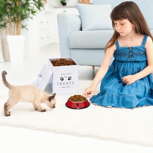 Meraki Home Farmhouse Cat Food and Treats Containers + Feed Scoop + Pet Food Bowl - Tight Lids - Large Metal Storage Bin - Great Gift for Cute Pets (Glossy White) - color: Glossy White