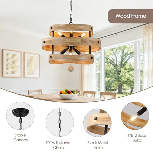 20" Farmhouse Chandelier for Dining Room Light Fixture, 6 Light | Wooden Drum Rustic Chandelier, French Country Pendant Light Over Table for Living Room Foyer Kitchen Island, 6 E12 Sockets - color: 20" Layered