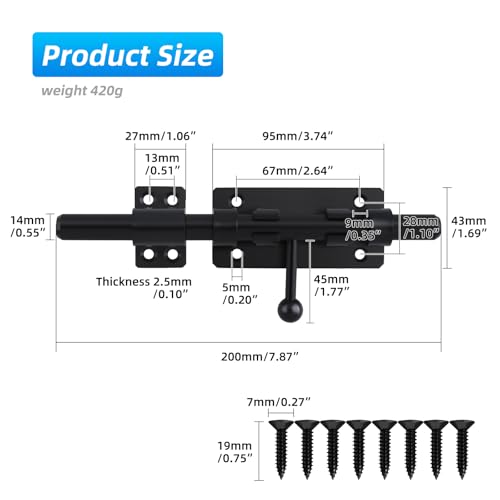 Barrel Bolt Latch, 7.9" Heavy Duty Gate Latch Slide Lock Solid 304 Stainless Steel Bolt Lock for Inside Door, Finished Shed Door Latch (Black) - color: Black 8inch